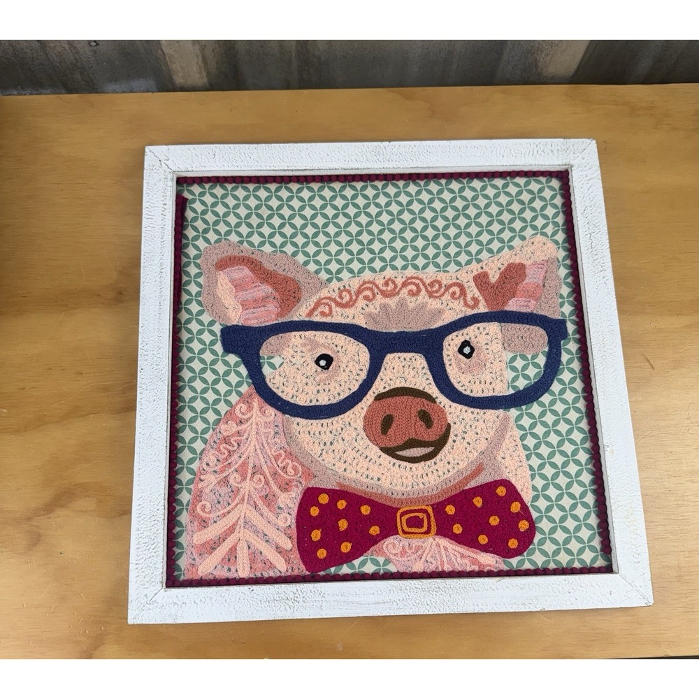 Distressed Frame Pig Wall Art w/ Glasses & Bow Tie – Whimsical Folk Art Decor